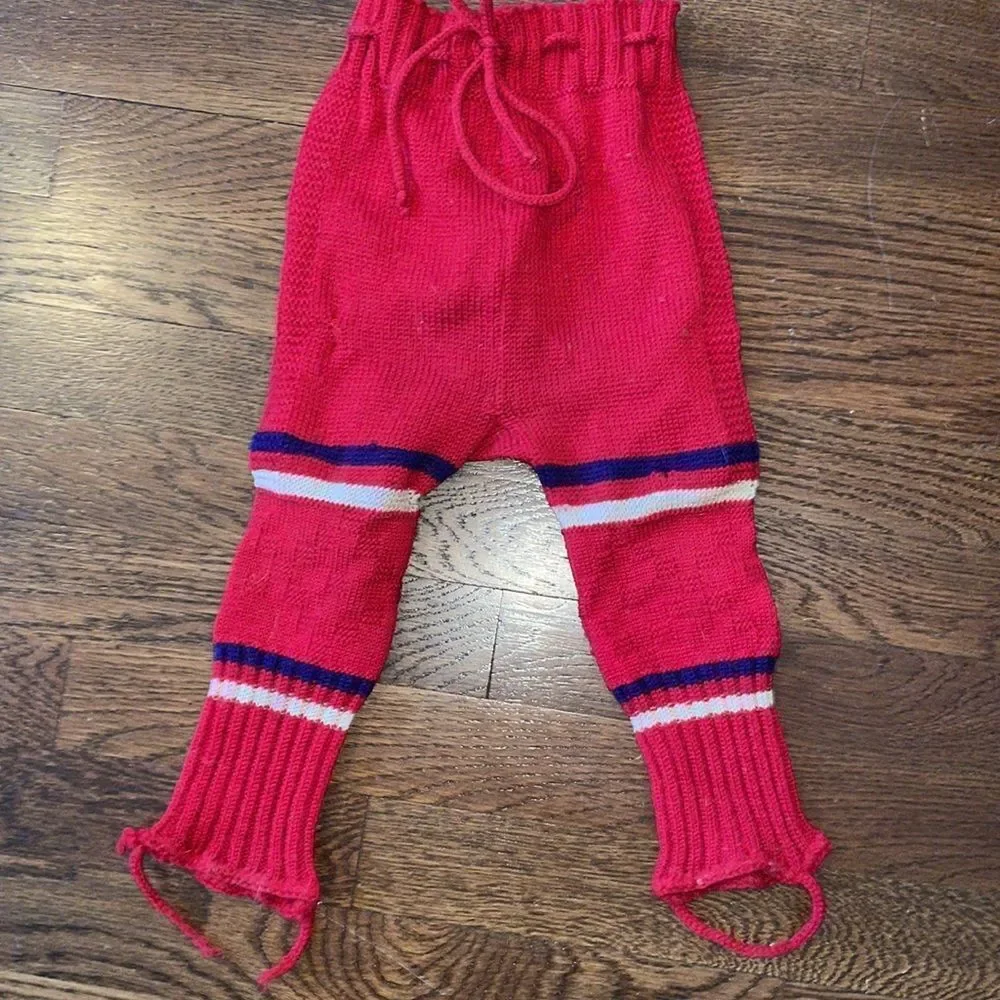 Vtg red, white & blue knit wool yarn‎ unisex winter pants with stirrups